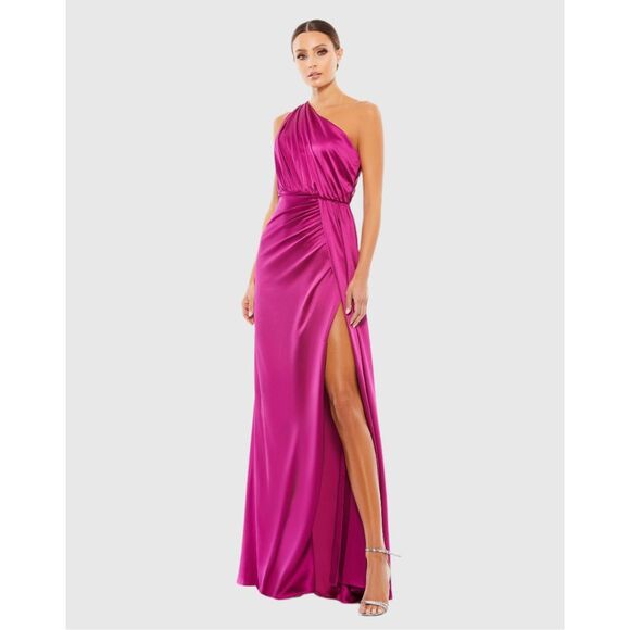NWT Ieena for Mac Duggal One Shoulder Slit Satin Faux Wrap Maxi Gown Berry Sz 6 - Picture 2 of 13